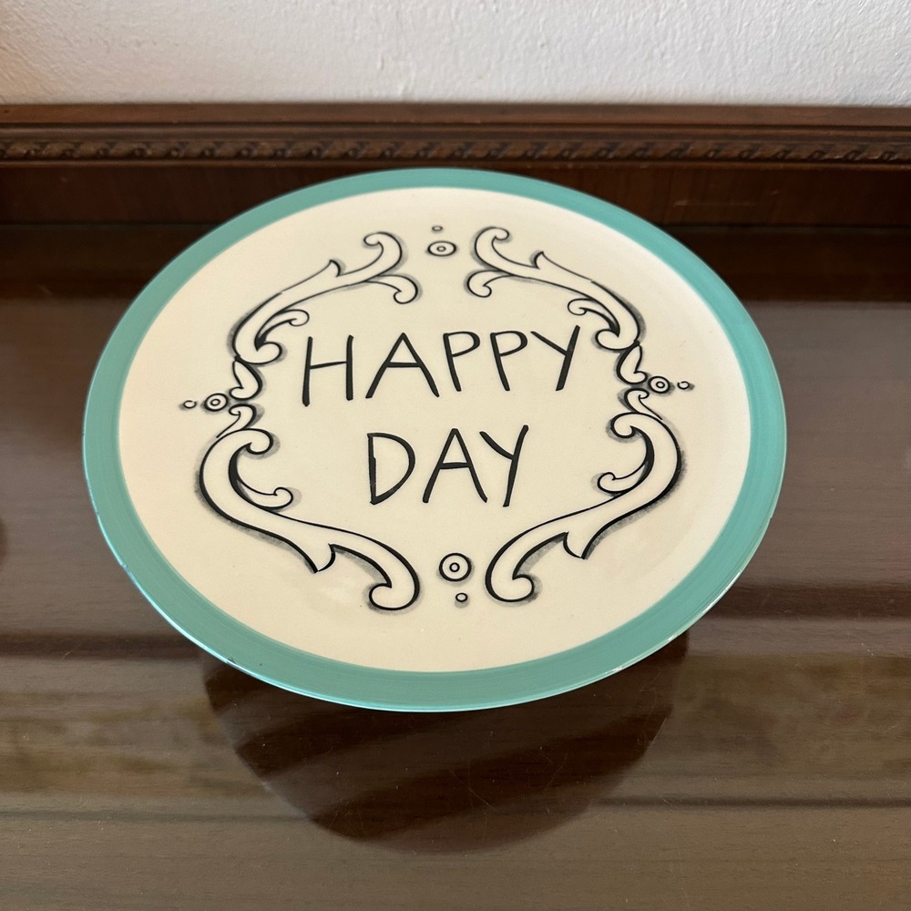 Molly Hatch‎ Happy Day Ceramic Cake Stand Turquoise Black White Striped Pedestal